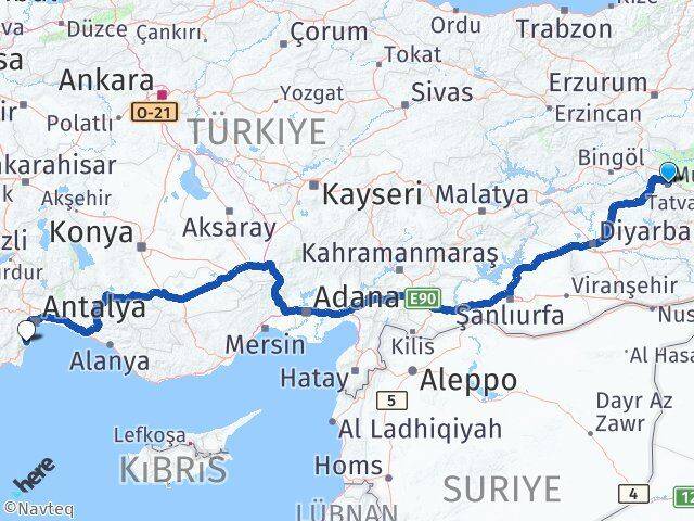 Muş Kemer Antalya Arası Kaç Km - Yol Haritası