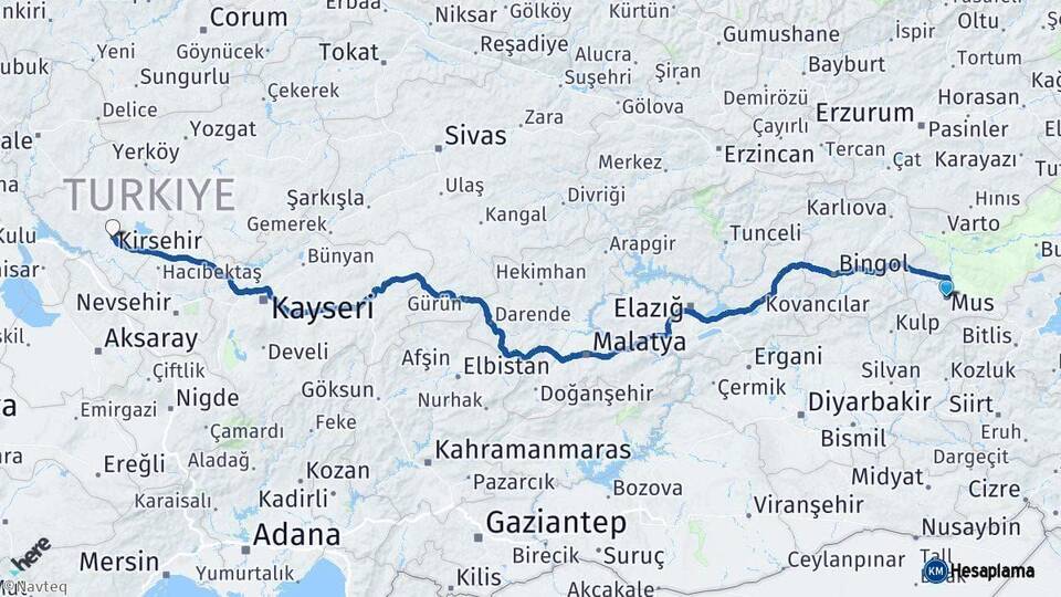 Muş Kırşehir Arası Kaç Km - Yol Haritası