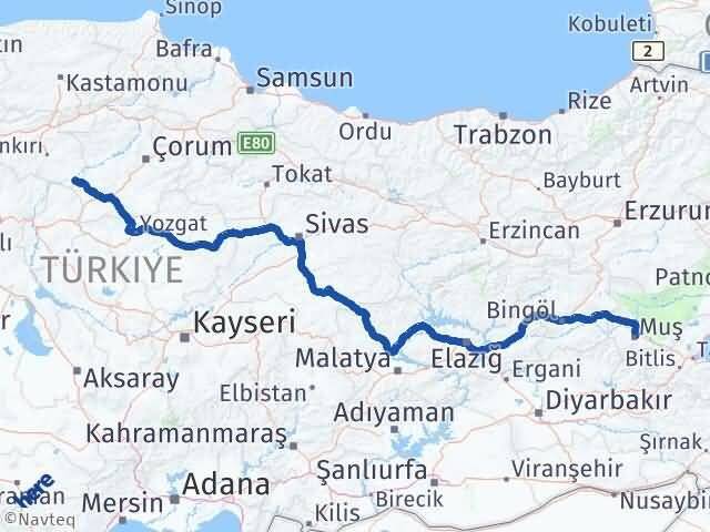 Muş Kızılırmak Çankırı Arası Kaç Km - Yol Haritası