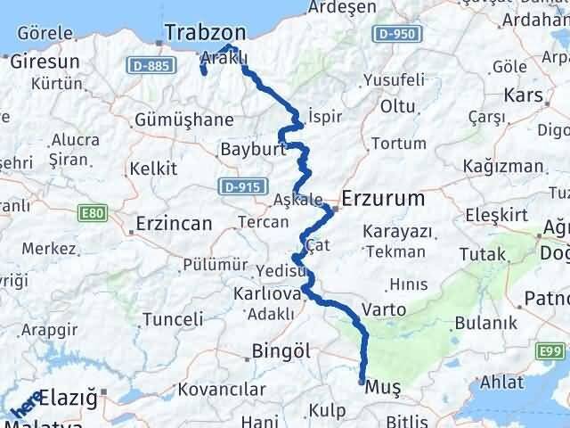 Muş Köprübaşı Trabzon Arası Kaç Km - Yol Haritası
