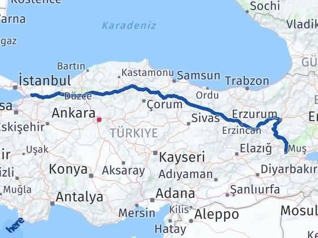 Muş Körfez Kocaeli Arası Kaç Km - Yol Haritası