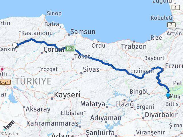 Muş Korgun Çankırı Arası Kaç Km - Yol Haritası