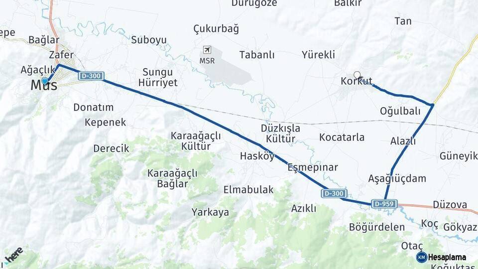 Muş Korkut Arası Kaç Km - Yol Haritası