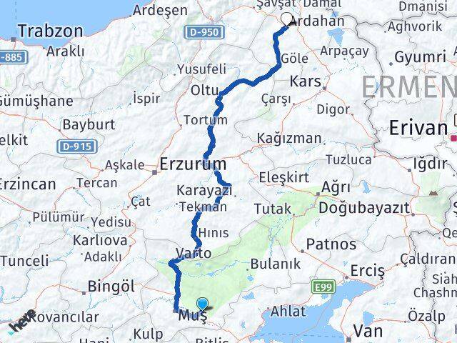 Muş Korkut Ardahan Arası Kaç Km - Yol Haritası