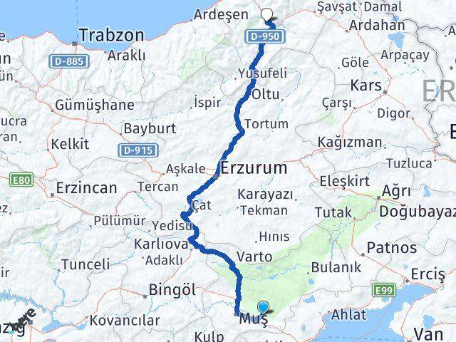 Muş Korkut Artvin Arası Kaç Km - Yol Haritası