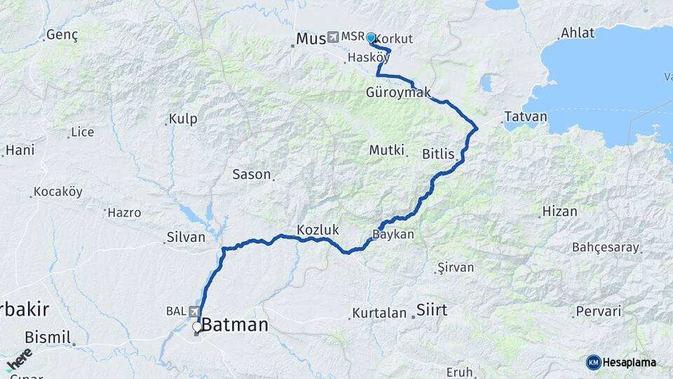 Muş Korkut Batman Arası Kaç Km - Yol Haritası