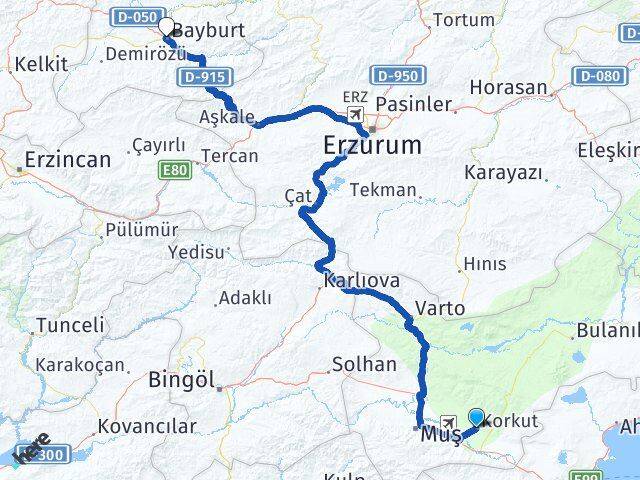 Muş Korkut Bayburt Arası Kaç Km - Yol Haritası