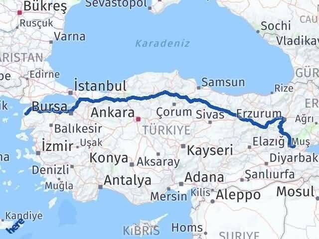 Muş Korkut Çanakkale Arası Kaç Km - Yol Haritası