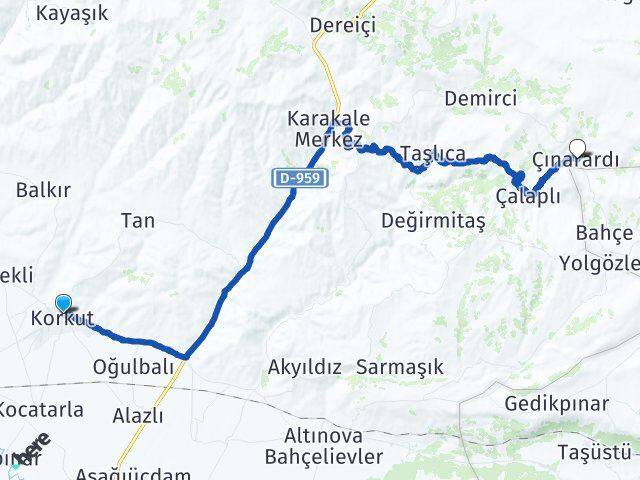 Muş Korkut Çınarardı Korkut Arası Kaç Km - Yol Haritası