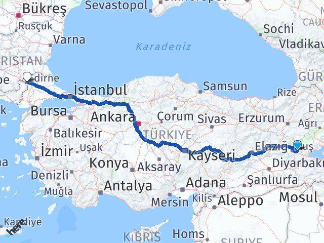 Muş Korkut Edirne Arası Kaç Km - Yol Haritası