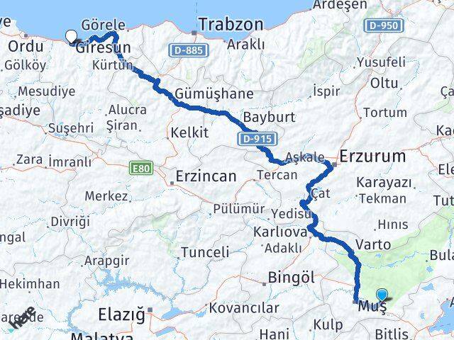 Muş Korkut Giresun Arası Kaç Km - Yol Haritası