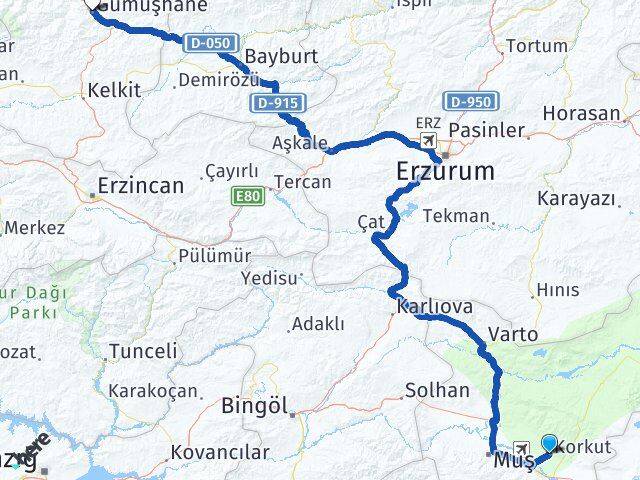 Muş Korkut Gümüşhane Arası Kaç Km - Yol Haritası