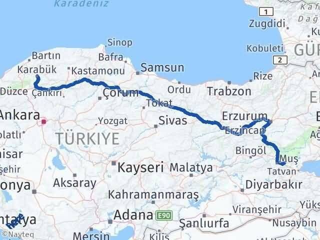 Muş Korkut Karabük Arası Kaç Km - Yol Haritası