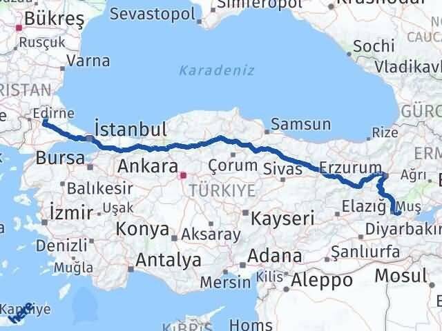 Muş Korkut Kırklareli Arası Kaç Km - Yol Haritası
