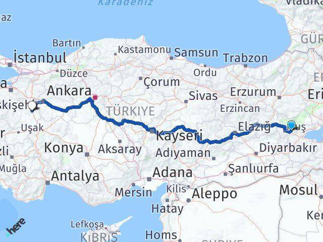 Muş Korkut Kütahya Arası Kaç Km - Yol Haritası