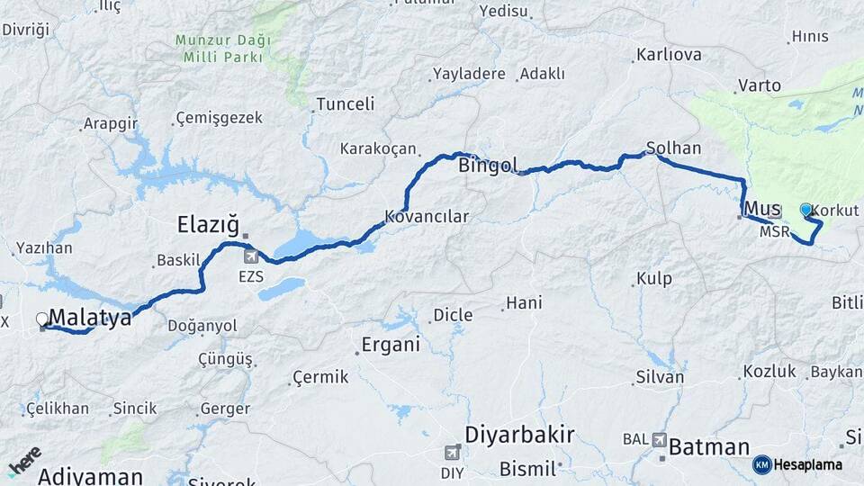 Muş Korkut Malatya Arası Kaç Km - Yol Haritası