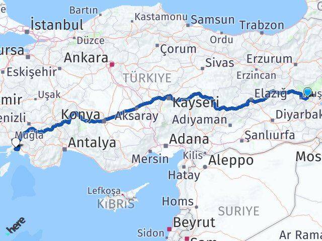 Muş Korkut Muğla Arası Kaç Km - Yol Haritası