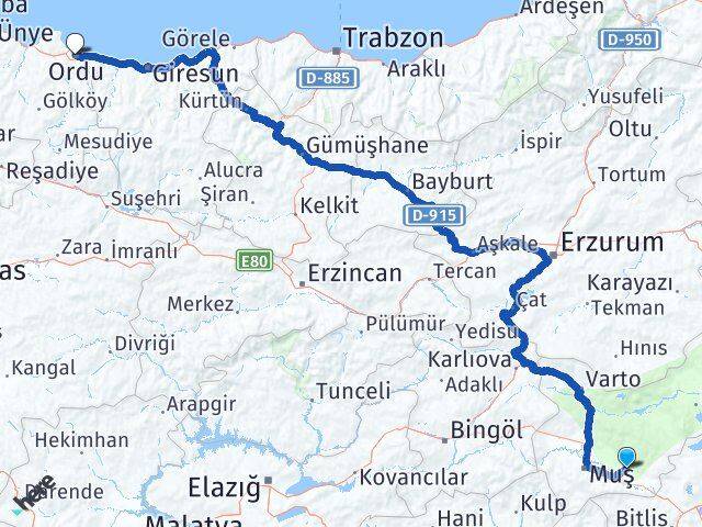 Muş Korkut Ordu Arası Kaç Km - Yol Haritası