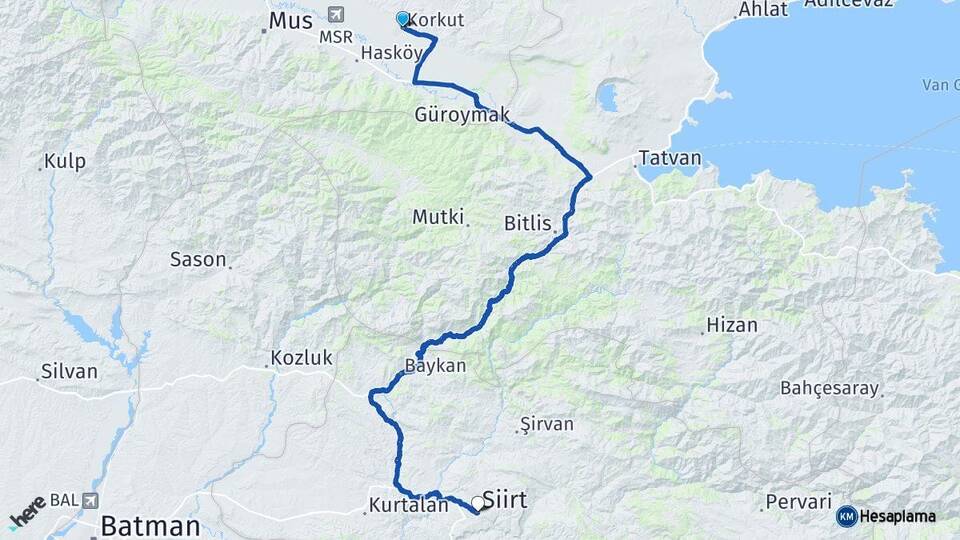 Muş Korkut Siirt Arası Kaç Km - Yol Haritası