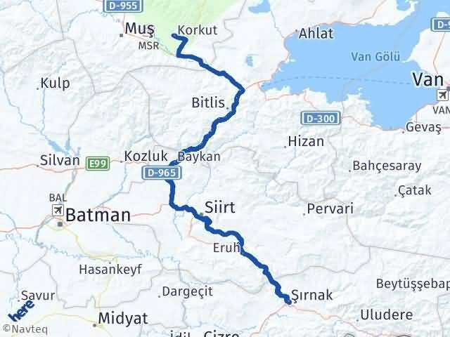 Muş Korkut Şırnak Arası Kaç Km - Yol Haritası
