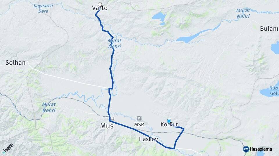 Muş Korkut Varto Arası Kaç Km - Yol Haritası