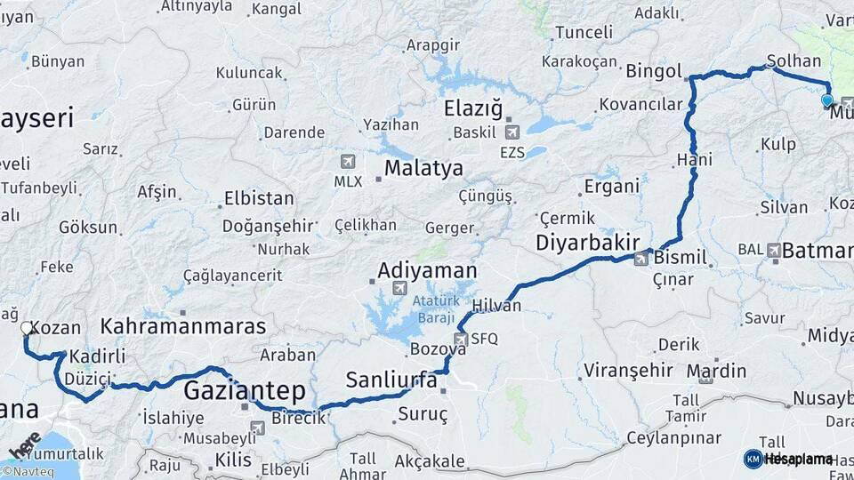 Muş Kozan Adana Arası Kaç Km - Yol Haritası