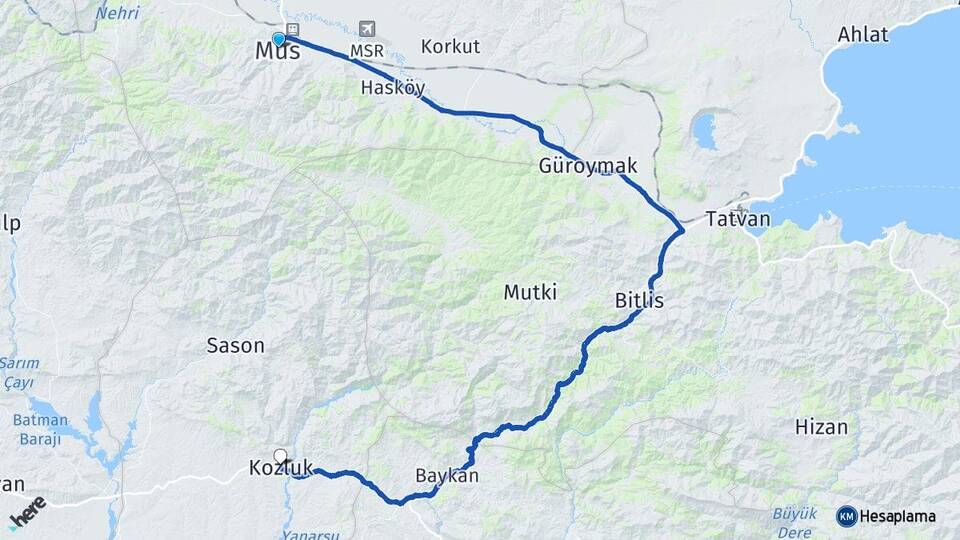 Muş Kozluk Batman Arası Kaç Km - Yol Haritası