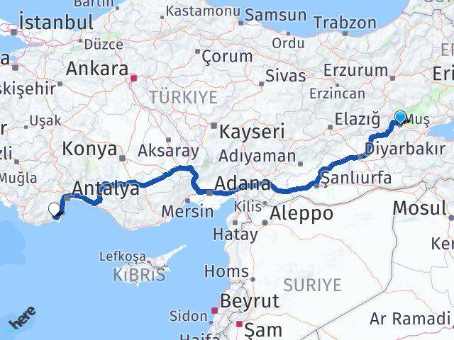 Muş Kumluca Antalya Arası Kaç Km - Yol Haritası