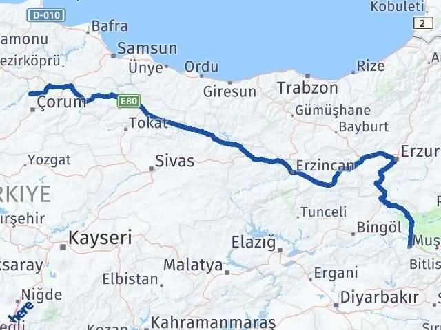 Muş Laçin Çorum Arası Kaç Km - Yol Haritası