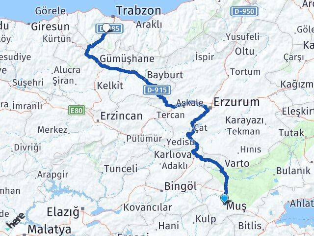 Muş Maçka Trabzon Arası Kaç Km - Yol Haritası