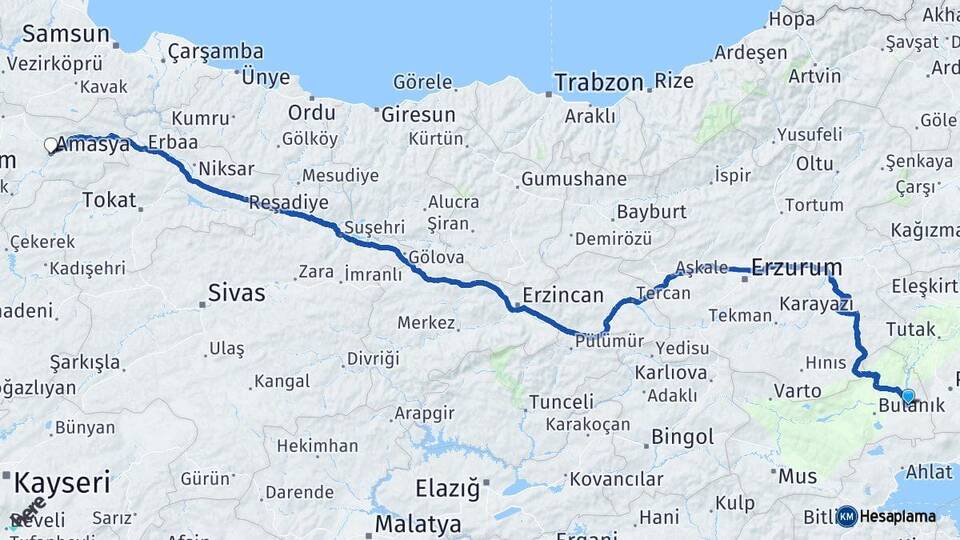 Muş Malazgirt Amasya Arası Kaç Km - Yol Haritası
