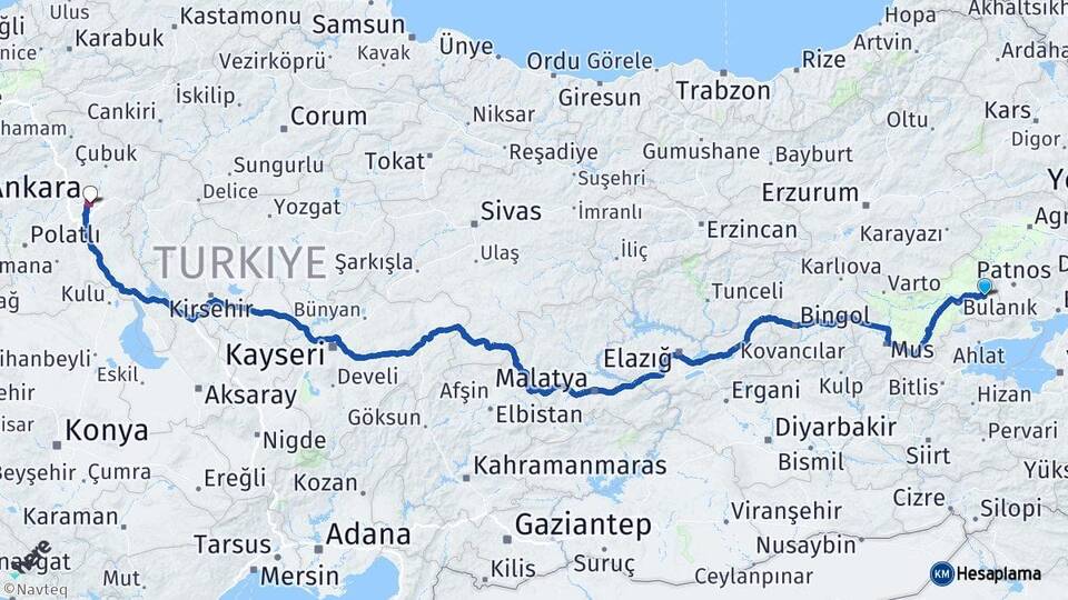 Muş Malazgirt Ankara Arası Kaç Km - Yol Haritası