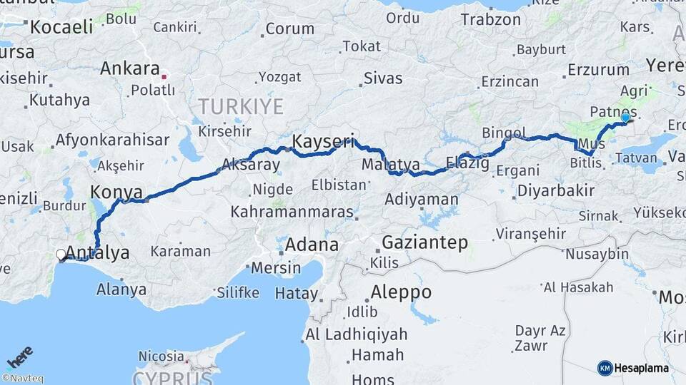 Muş Malazgirt Antalya Arası Kaç Km - Yol Haritası