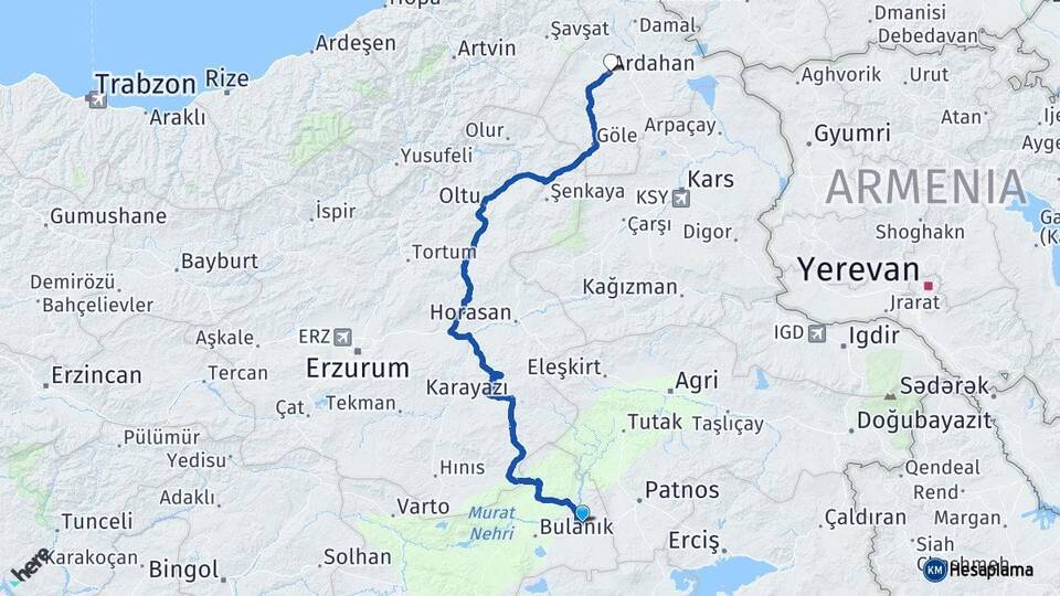 Muş Malazgirt Ardahan Arası Kaç Km - Yol Haritası