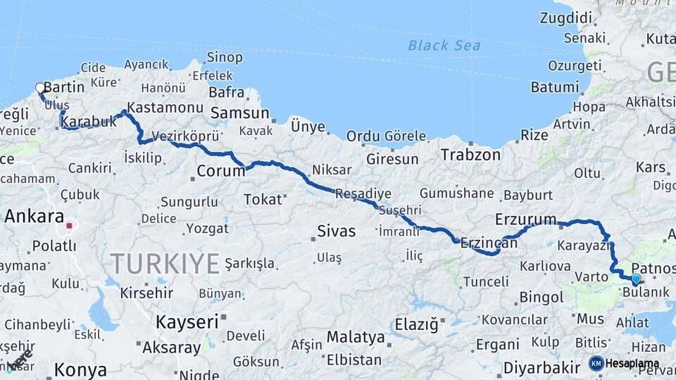 Muş Malazgirt Bartın Arası Kaç Km - Yol Haritası