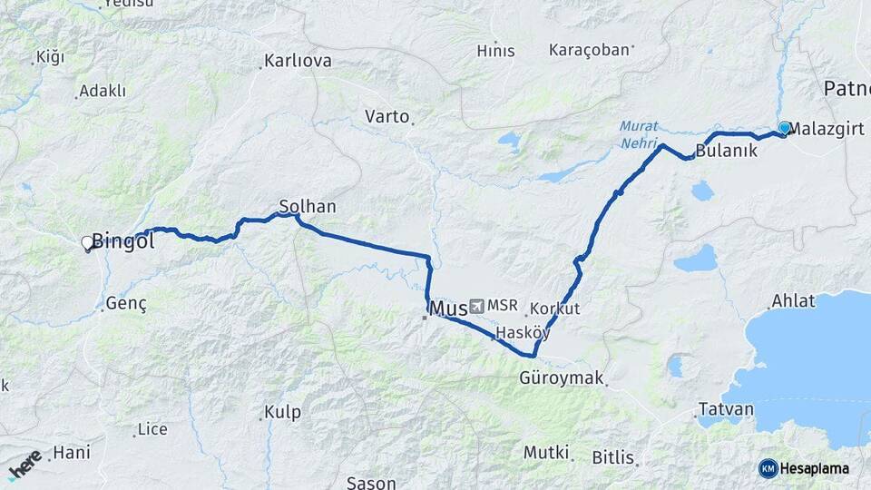 Muş Malazgirt Bingöl Arası Kaç Km - Yol Haritası