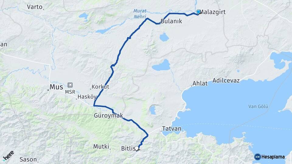 Muş Malazgirt Bitlis Arası Kaç Km - Yol Haritası