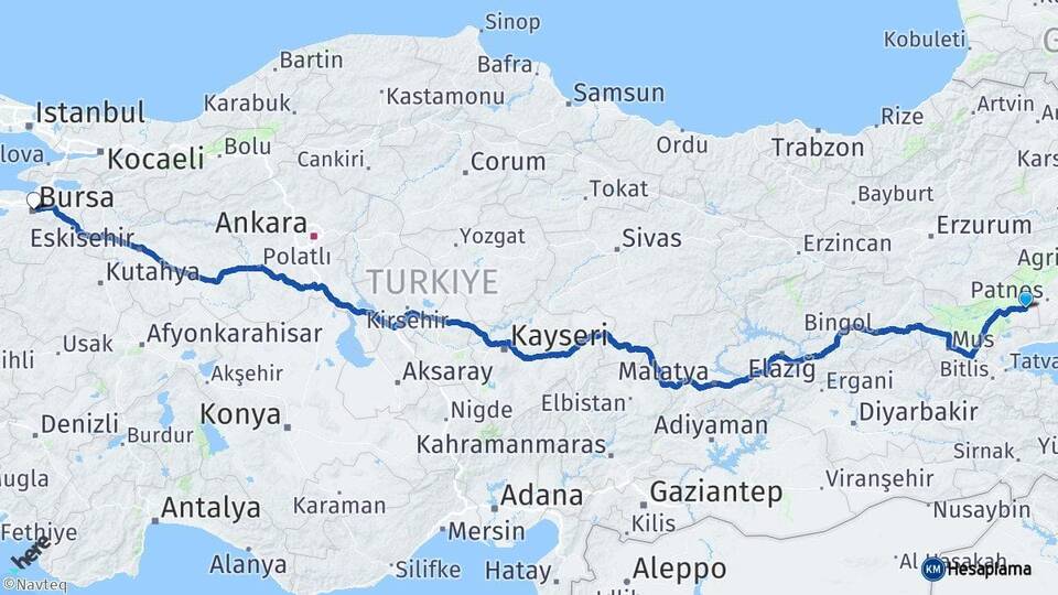 Muş Malazgirt Bursa Arası Kaç Km - Yol Haritası