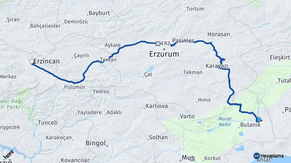 Muş Malazgirt Erzincan Arası Kaç Km - Yol Haritası