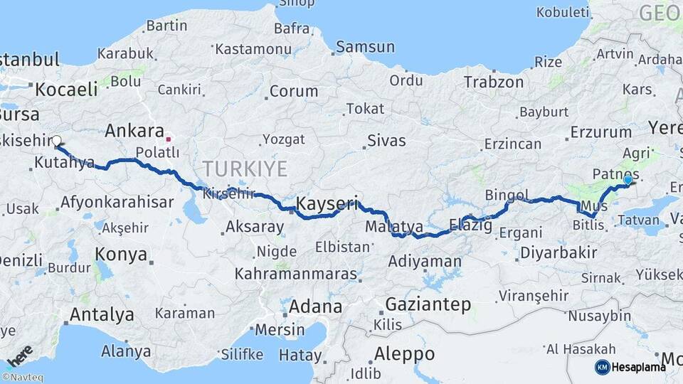Muş Malazgirt Eskişehir Arası Kaç Km - Yol Haritası