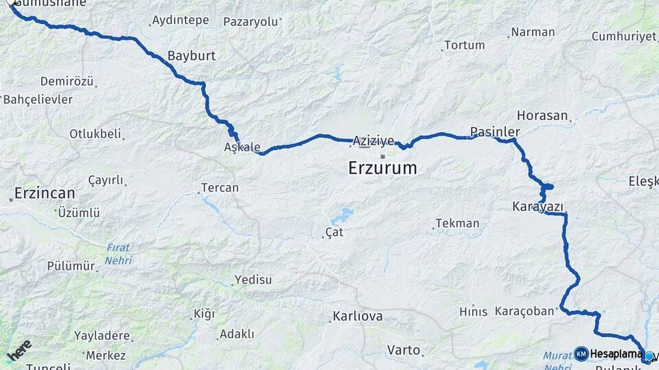 Muş Malazgirt Gümüşhane Arası Kaç Km - Yol Haritası