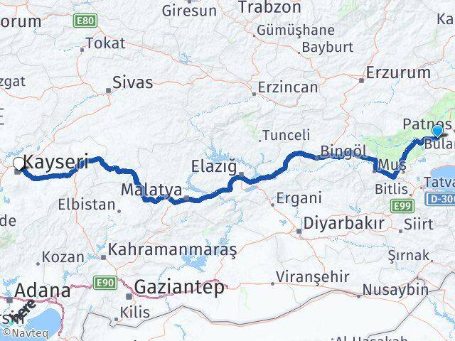 Muş Malazgirt Kayseri Arası Kaç Km - Yol Haritası