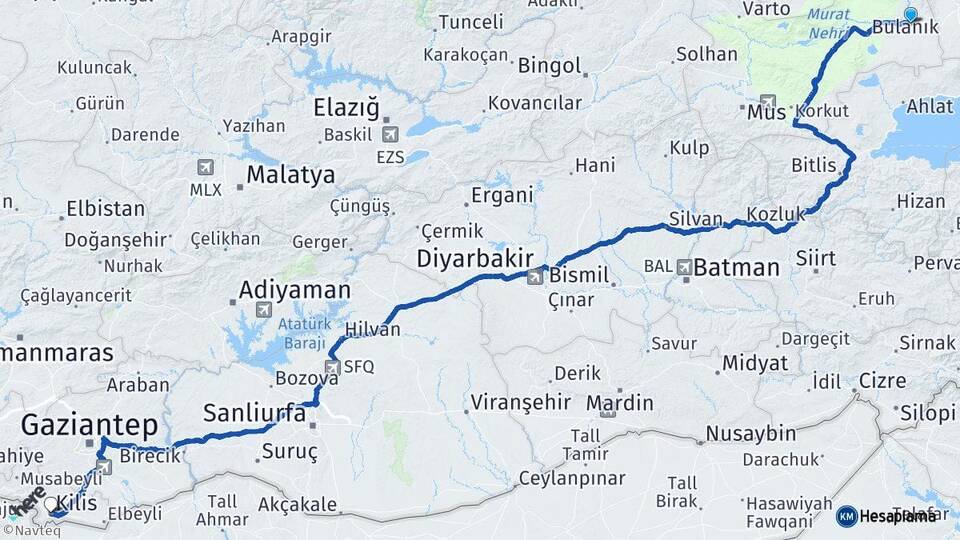 Muş Malazgirt Kilis Arası Kaç Km - Yol Haritası