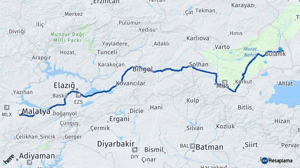 Muş Malazgirt Malatya Arası Kaç Km - Yol Haritası