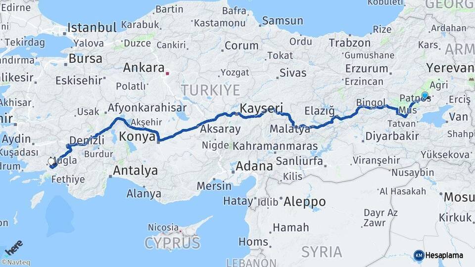 Muş Malazgirt Muğla Arası Kaç Km - Yol Haritası