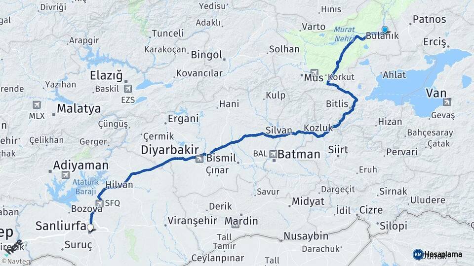 Muş Malazgirt Şanlıurfa Arası Kaç Km - Yol Haritası
