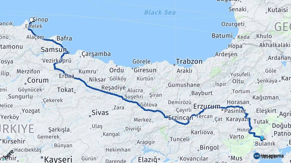 Muş Malazgirt Sinop Arası Kaç Km - Yol Haritası