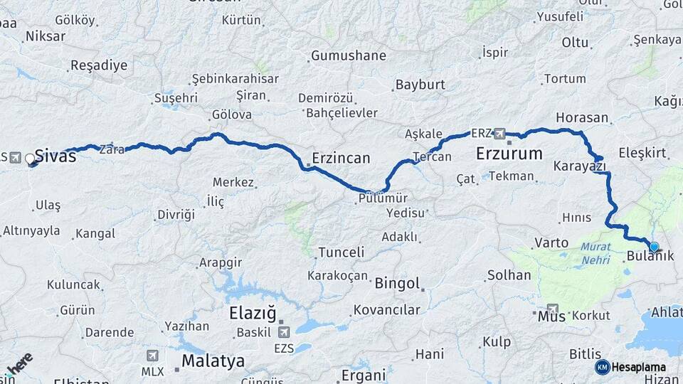 Muş Malazgirt Sivas Arası Kaç Km - Yol Haritası