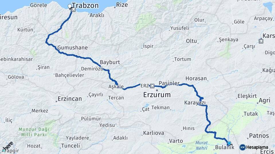 Muş Malazgirt Trabzon Arası Kaç Km - Yol Haritası