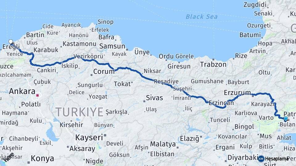 Muş Malazgirt Zonguldak Arası Kaç Km - Yol Haritası
